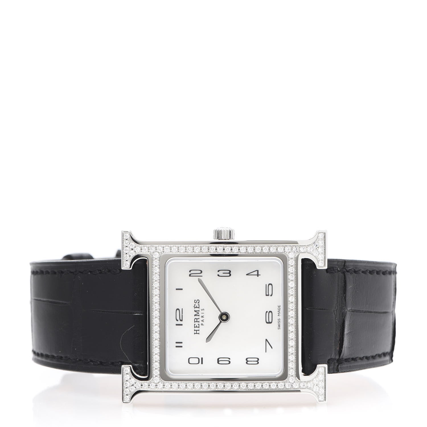 Hermes Stainless Steel Alligator Diamond Bezel Mother of Pearl 26mm Heure H Hour Quartz Watch Noir 2 of 9