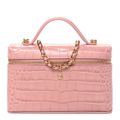 Chanel Calfskin Crocodile Embossed Crococo Top Handle Slim Vanity Case With Chain Light Pink 1 of 11