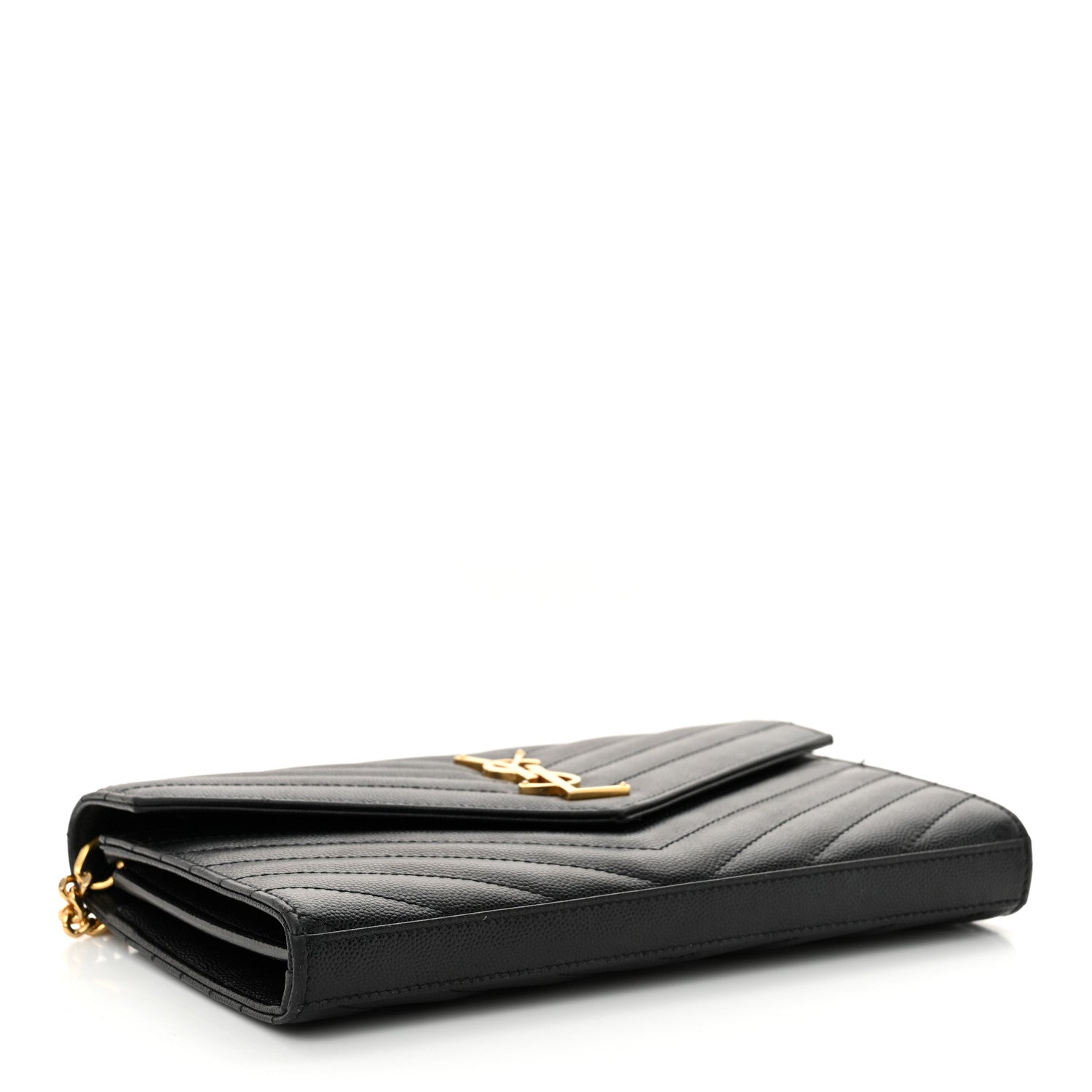 Saint Laurent Grain De Poudre Matelasse Chevron Monogram Chain Wallet Black 4 of 13