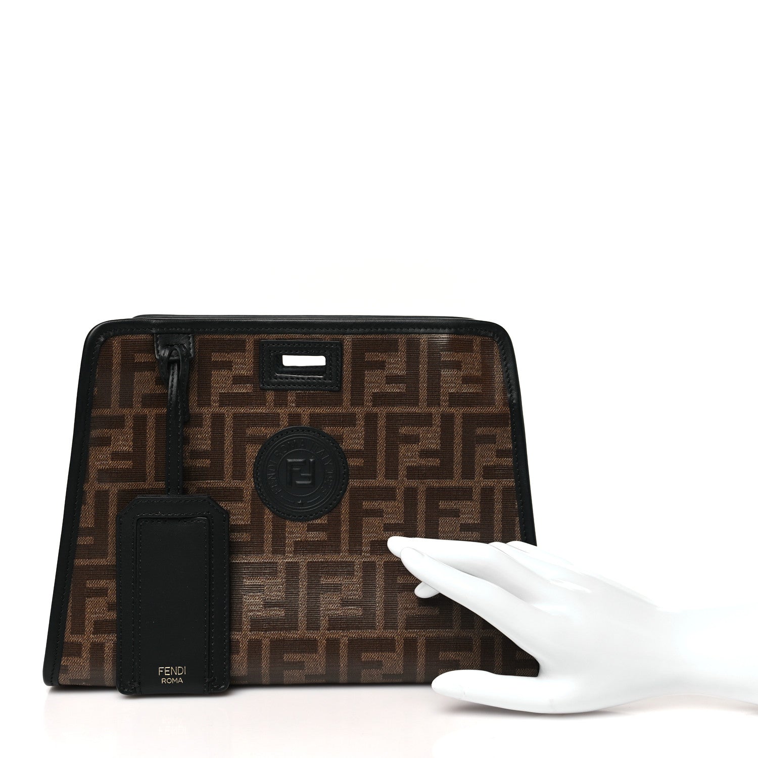 Fendi Glazed Fabric Vitello Century FF 1974 Stamp Patch Mini Peekaboo Defender Cover Mogano Panna Black 2 of 10