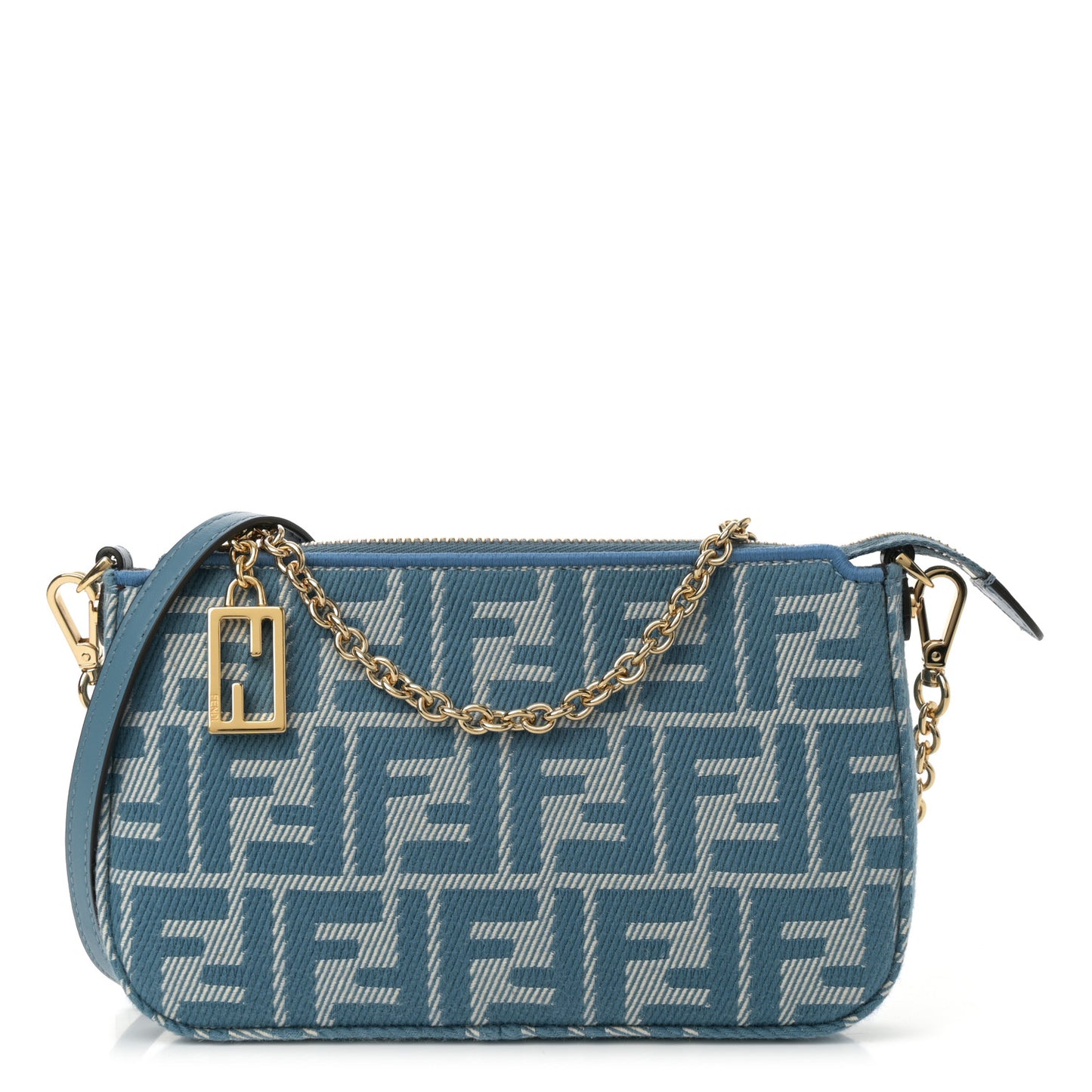 Denim Effect Fabric Jacquard FF Baguette Pouch Blue