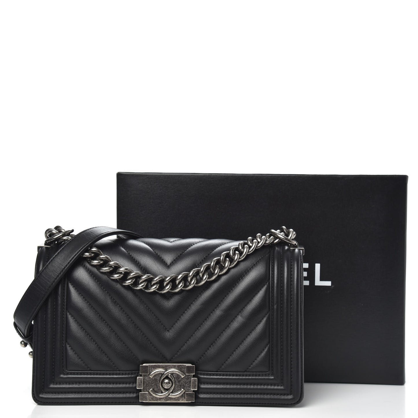Lambskin Chevron Quilted Medium Boy Flap Black