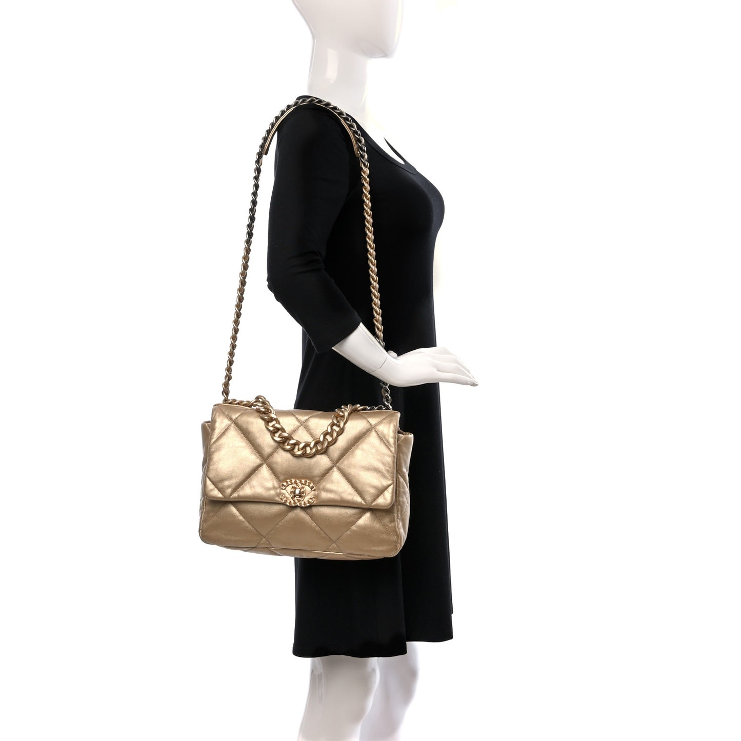 Metallic Goatskin Quilted Large Chanel 19 Flap Gold