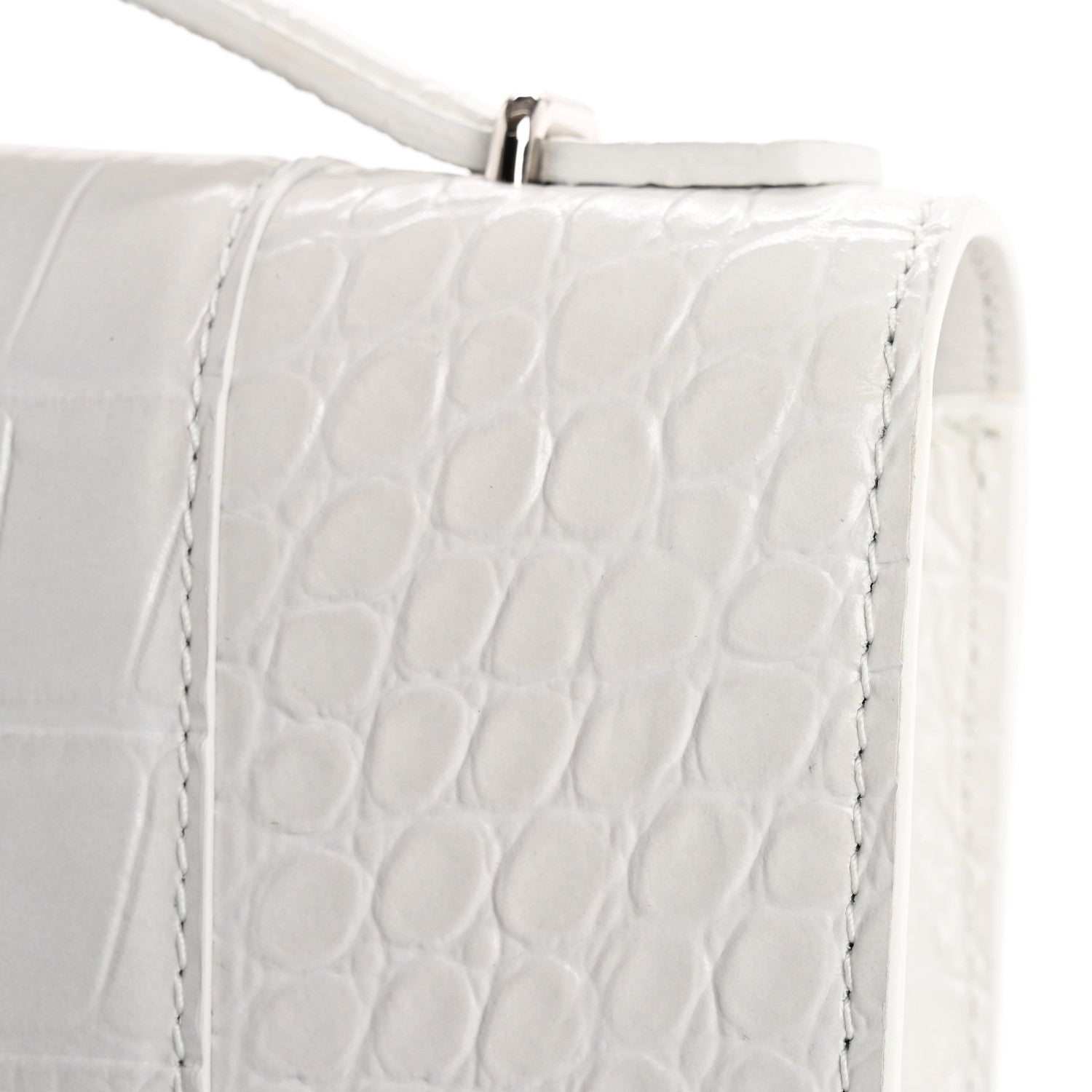 Balenciaga Shiny Calfskin Crocodile Embossed Top Handle Hourglass Clutch White 10 of 12