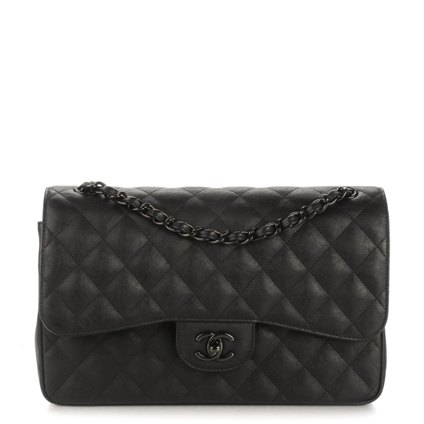 Crumpled Calfskin Quilted Jumbo Double Flap So Black