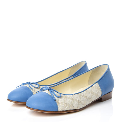 Chanel Toile Oily Calfskin CC Cap Toe Ballerina Flats 36 Light Beige Blue 4 of 11