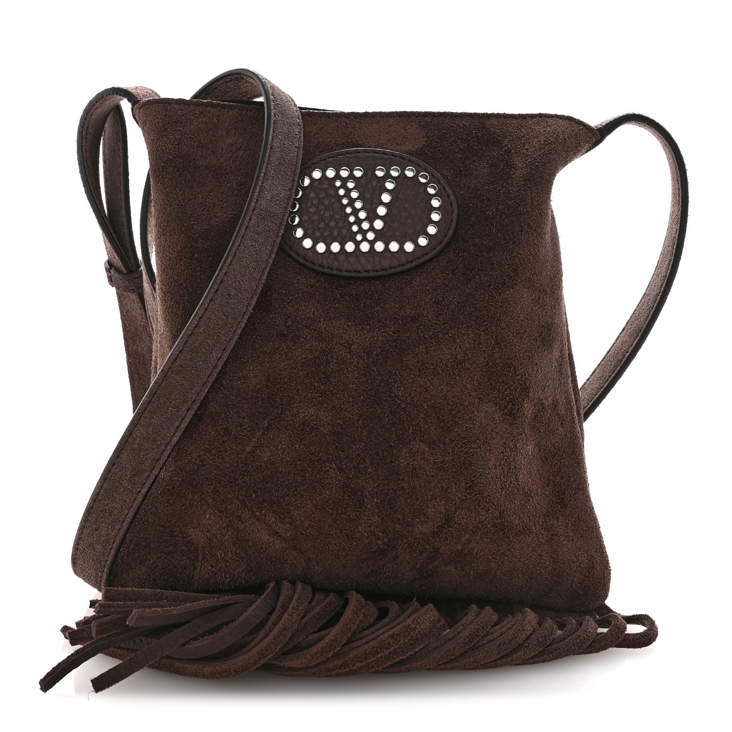 Valentino Garavani Suede Calfskin Studded Nellcote Fringe Crossbody Bag Brown 1 of 9