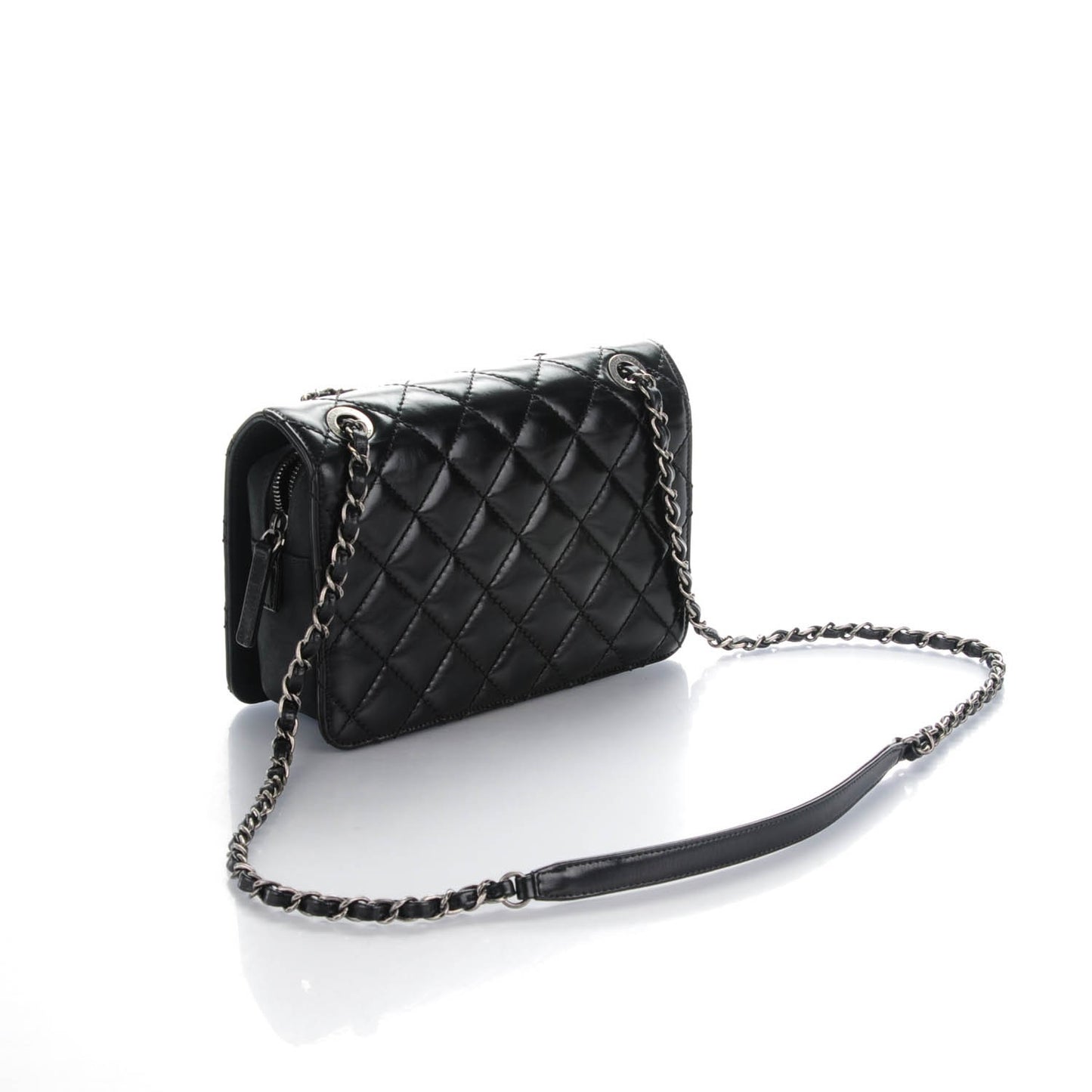 Glazed Calfskin Quilted Small Day Trip Flap Black