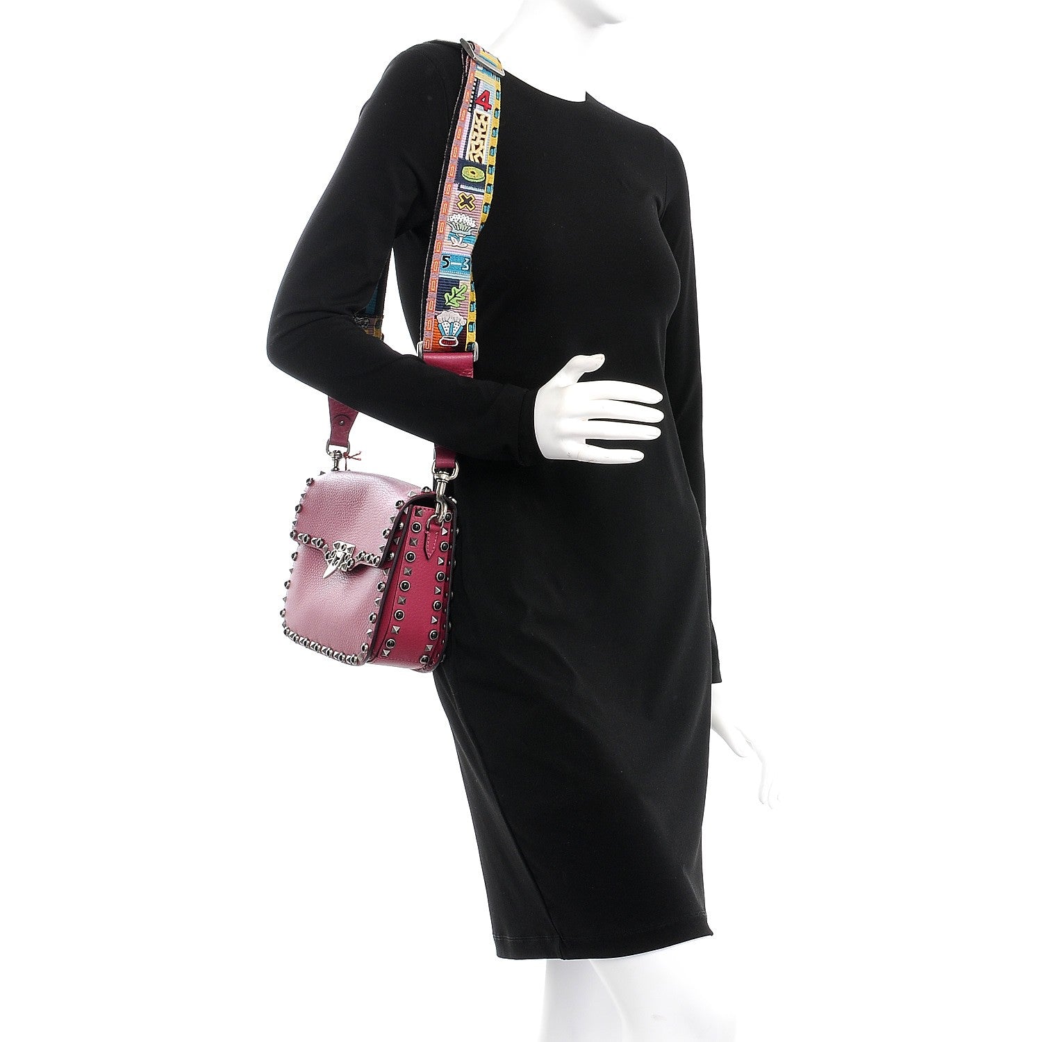 Valentino Garavani Grained Calfskin Onyx Medium Guitar Strap Rockstud Rolling Flap Saddle Bag Disco Pink 2 of 7