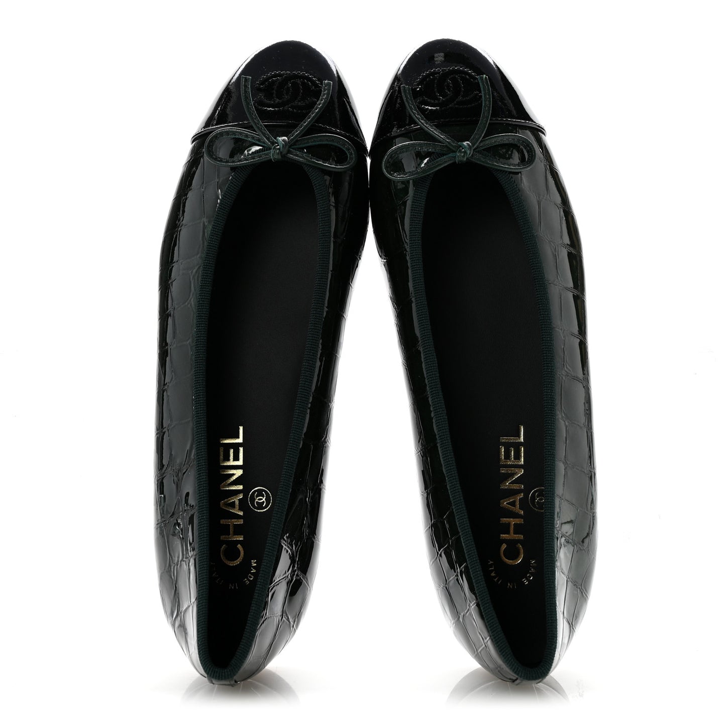 Patent Crocodile Embossed Ballerina Flats 39 Dark Green Black