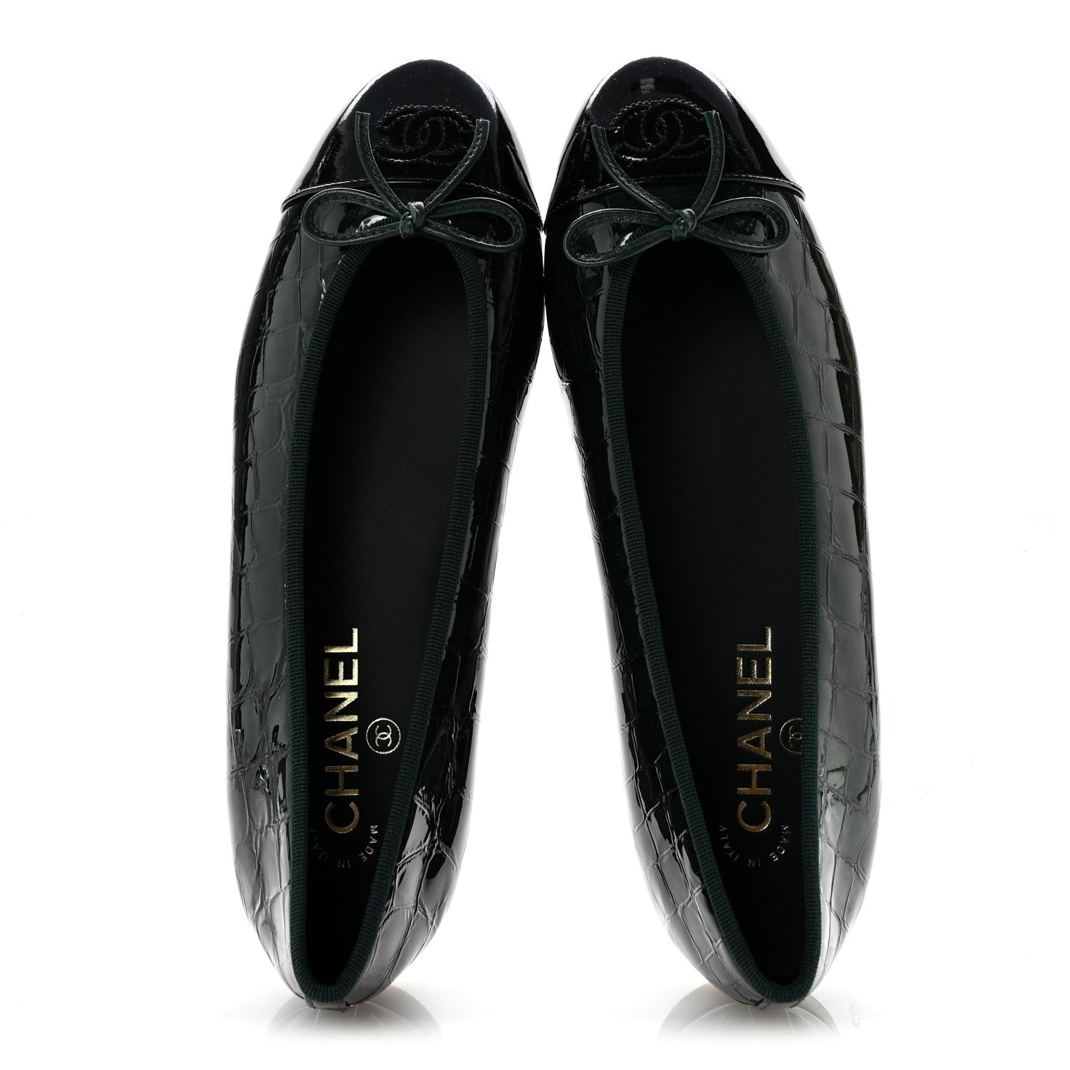 Chanel Patent Crocodile Embossed Ballerina Flats 39 Dark Green Black 2 of 10