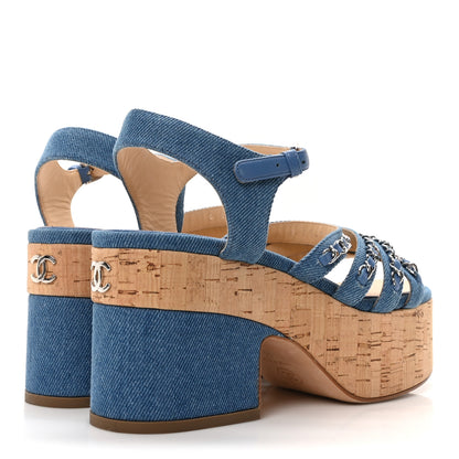 Chanel Denim Cork Chain Wedge Sandals 39 Blue 5 of 8