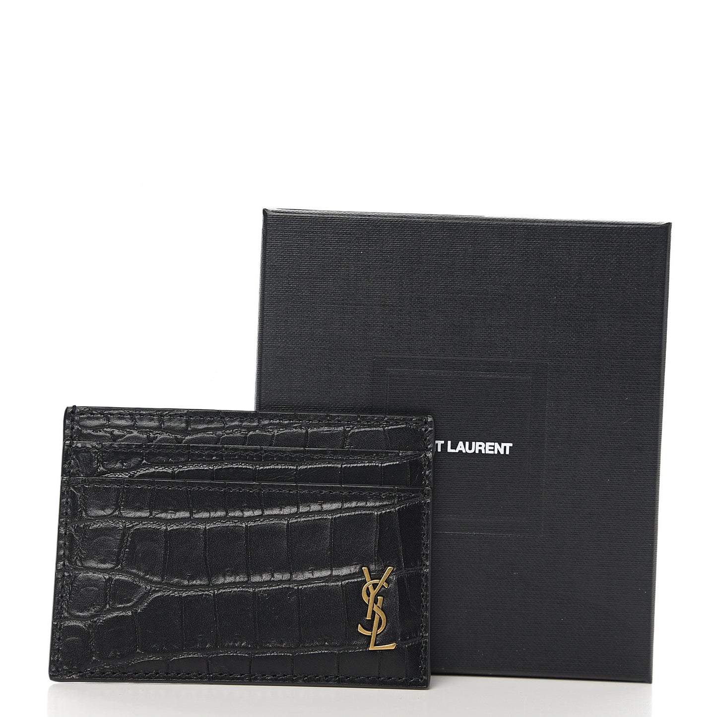 Calfskin Crocodile Embossed Monogram Tiny Cassandra Credit Card Case Black