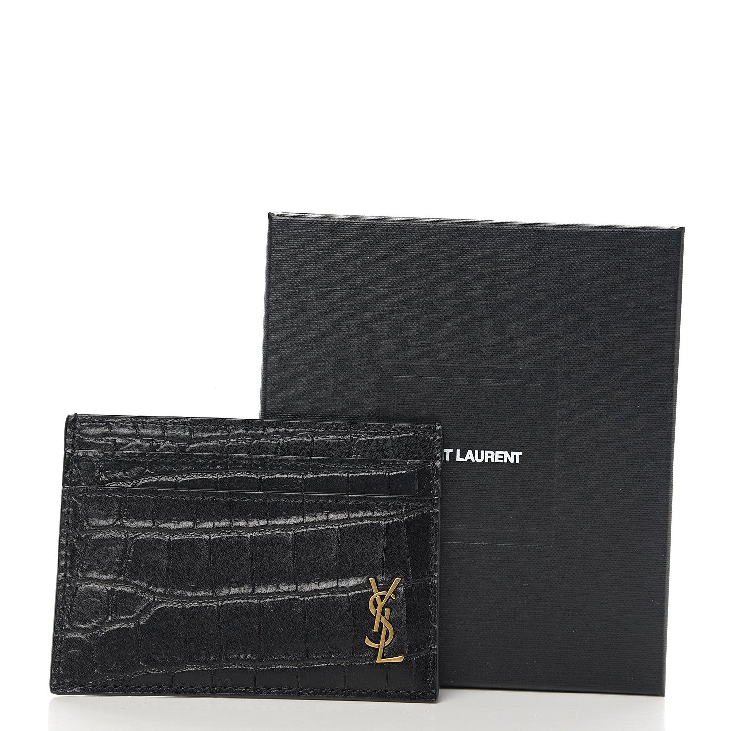 Saint Laurent Calfskin Crocodile Embossed Monogram Tiny Cassandra Credit Card Case Black 7 of 7
