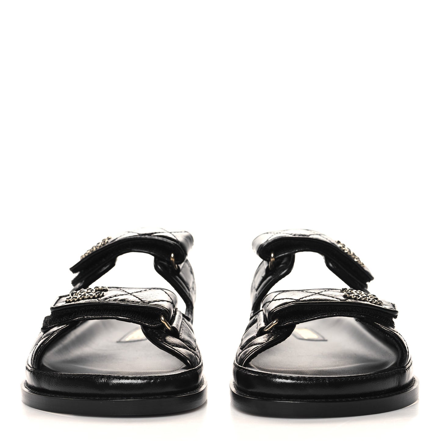 Lambskin Quilted Velcro Dad Chain CC Slide Sandals 37 Black