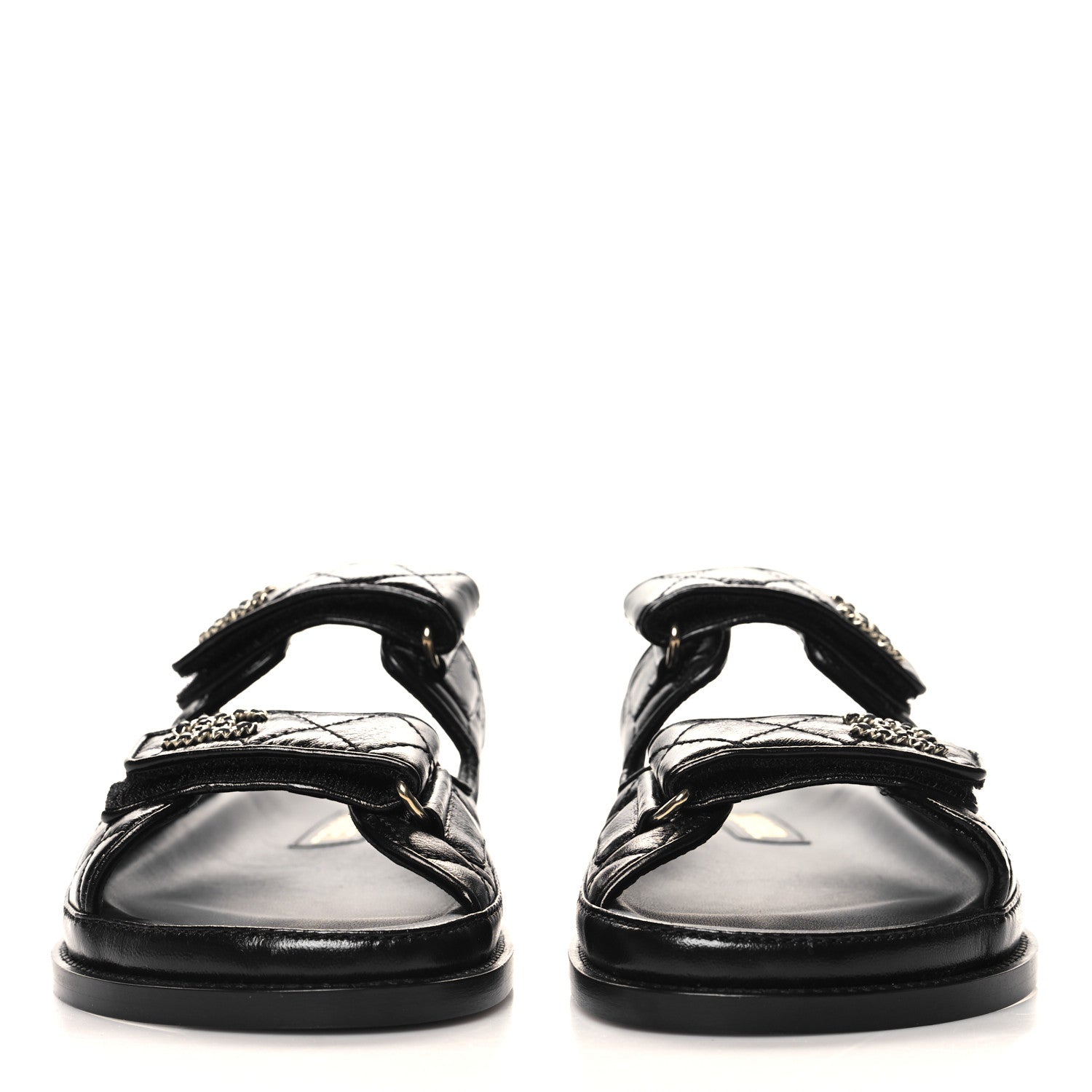 Chanel Lambskin Quilted Velcro Dad Chain CC Slide Sandals 37 Black 3 of 9