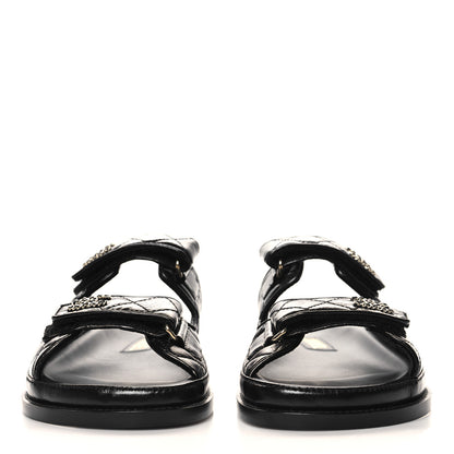 Chanel Lambskin Quilted Velcro Dad Chain CC Slide Sandals 37 Black 3 of 9