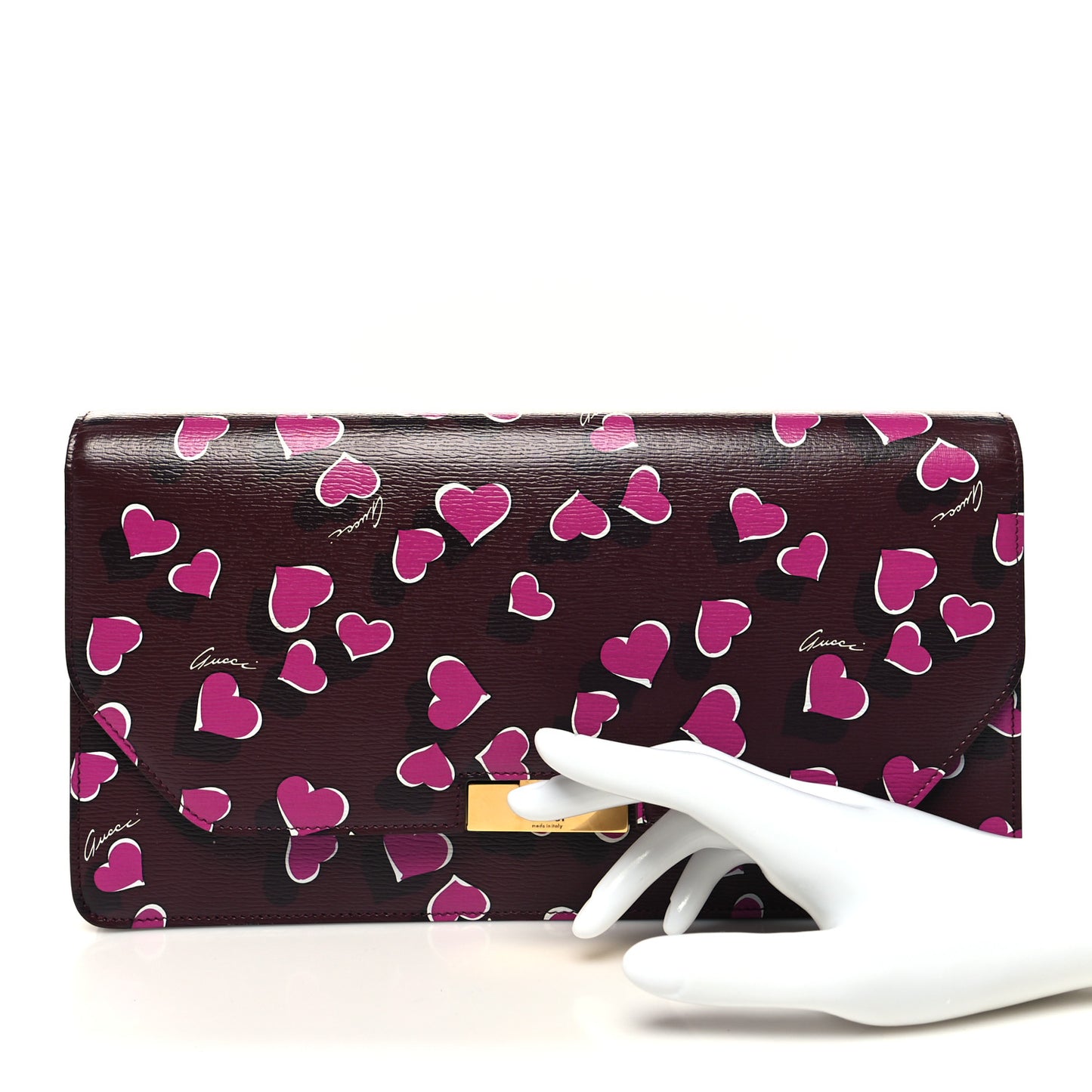Textured Calfskin Heartbeat Print Clutch New Wine