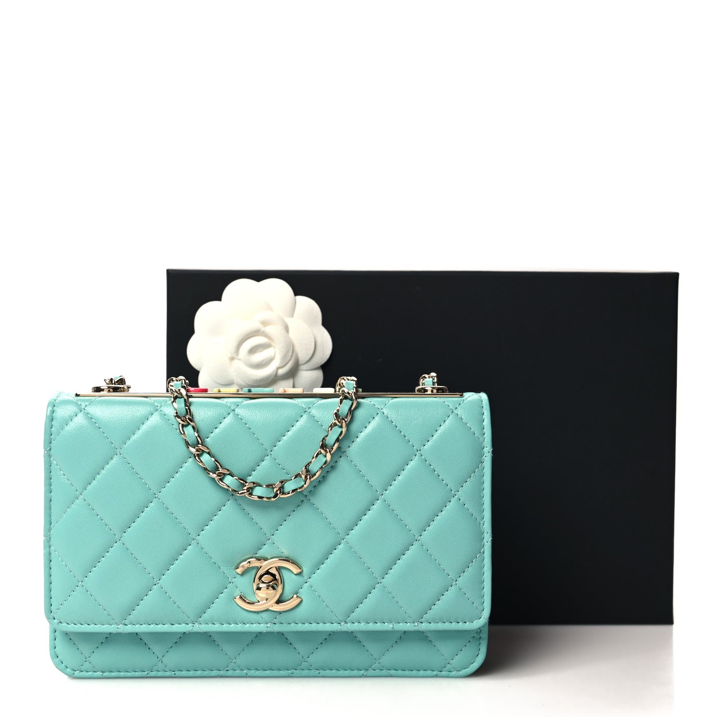 Lambskin Quilted Trendy CC Wallet On Chain WOC Turquoise