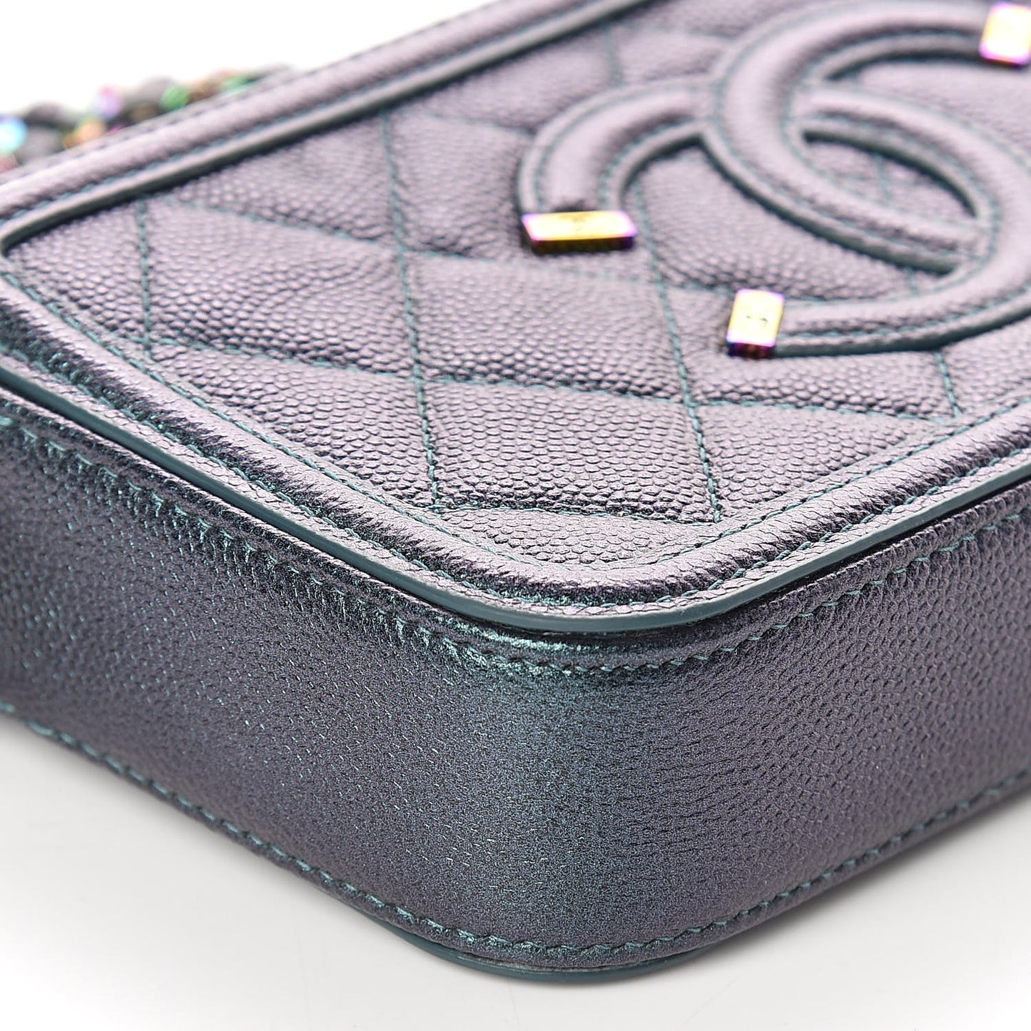 Iridescent Caviar Quilted CC Filigree Clutch With Chain Dark Turquoise