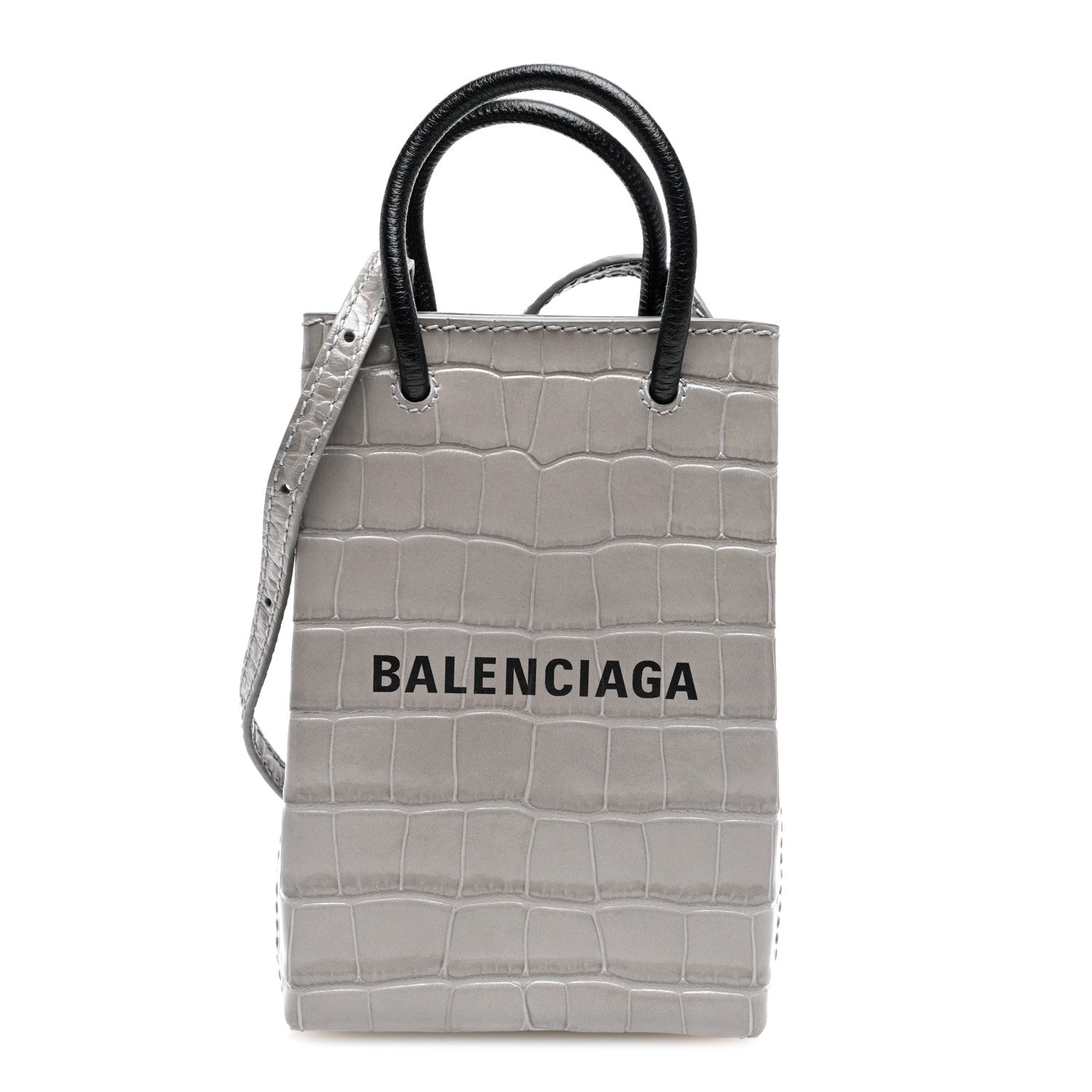 Balenciaga Calfskin Crocodile Embossed Logo Shopping Phone Holder Bag Steel Grey 1 of 9