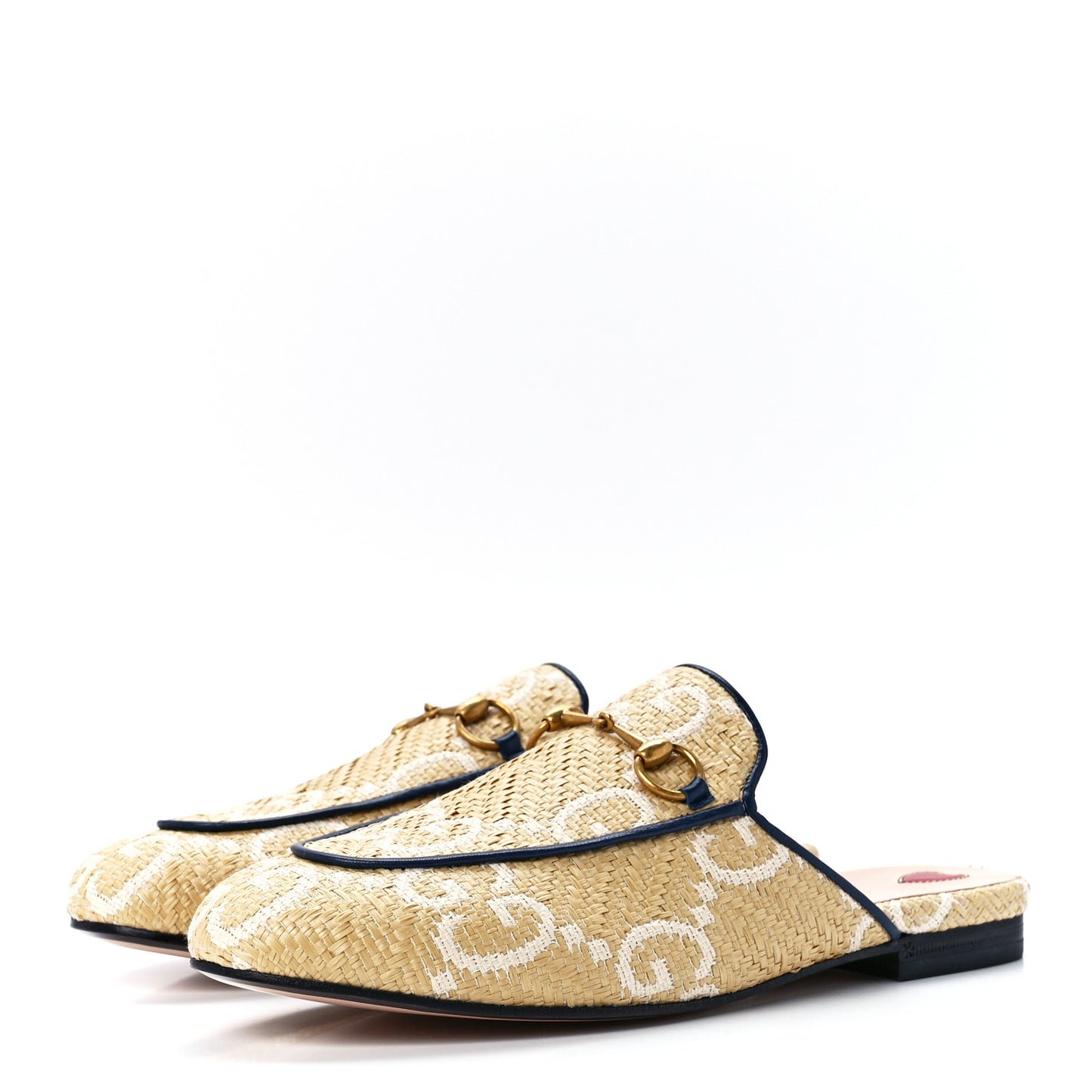 Raffia Malaga Kid GG Monogram Chevron Horsebit Womens Princetown Slippers 38.5 Natural Mystic White Blue Agata