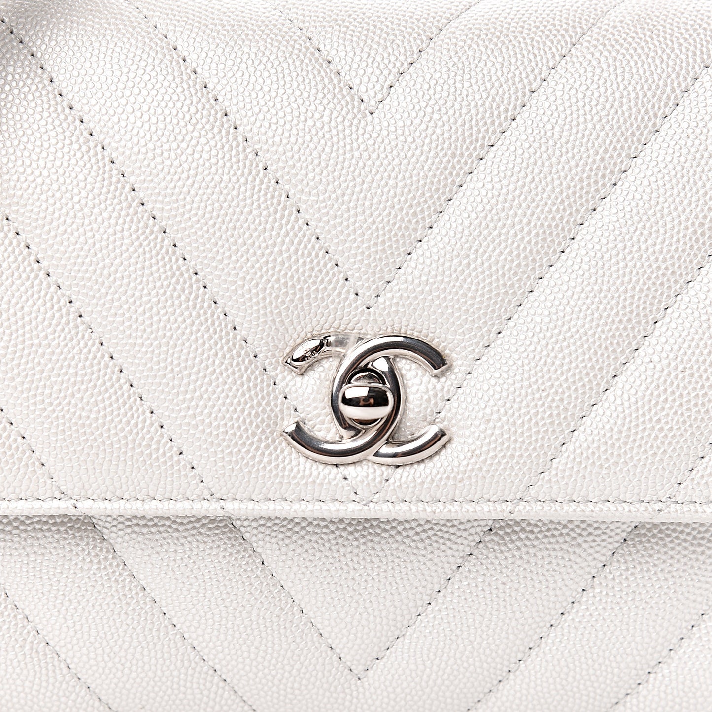 Iridescent Caviar Chevron Quilted Mini Coco Handle Flap White