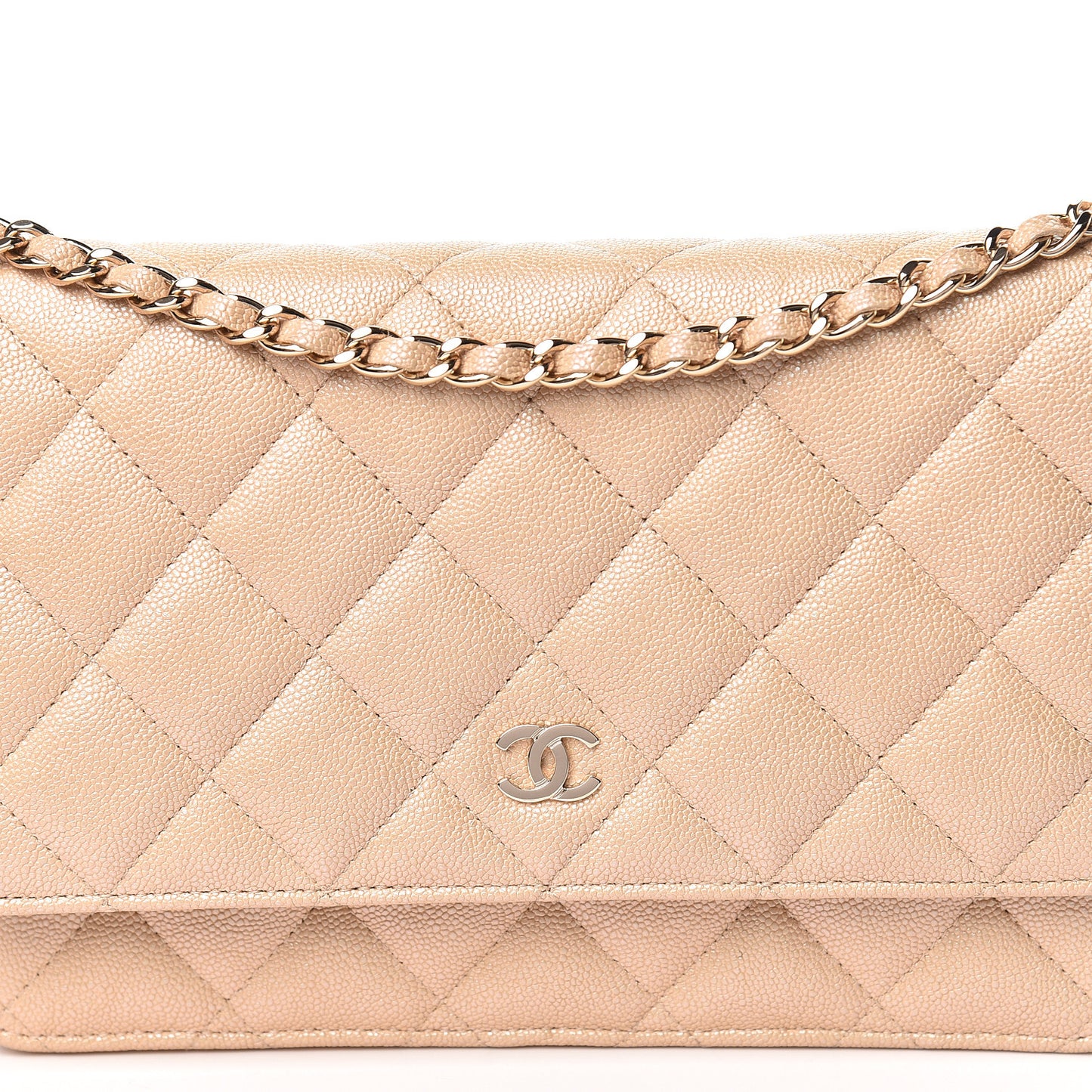 Iridescent Caviar Quilted Wallet On Chain WOC Beige