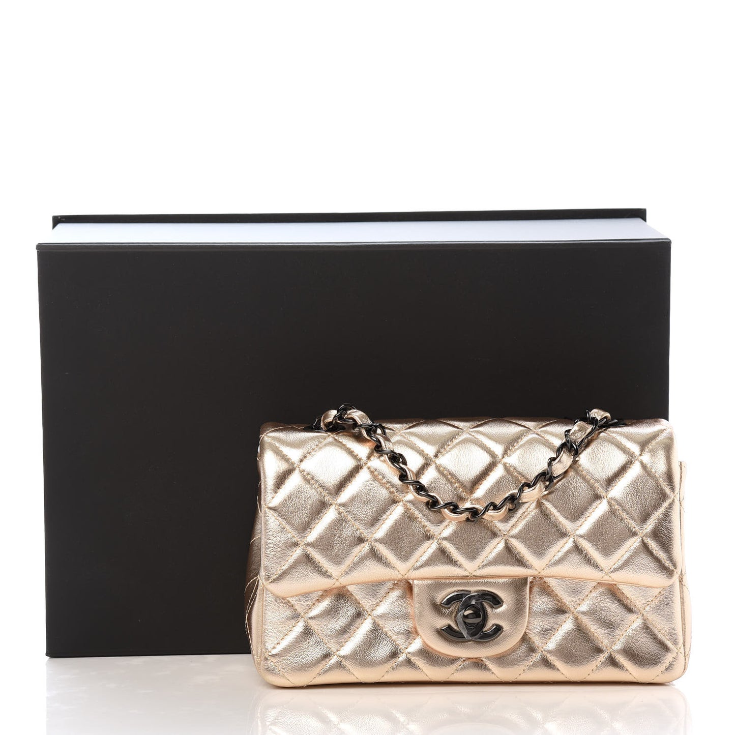 Metallic Lambskin Quilted Mini Rectangular Flap Gold Black