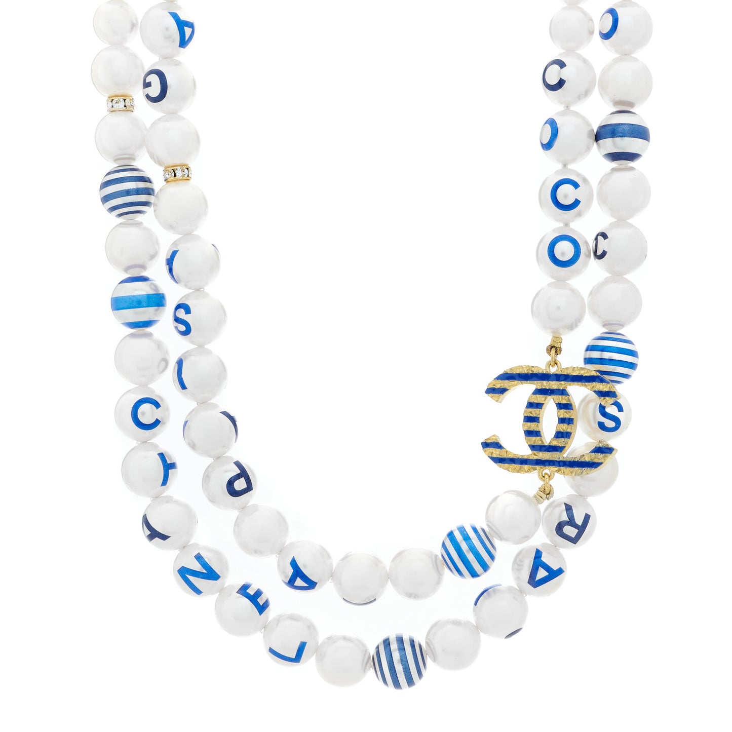 Resin Pearl Striped CC Necklace Blue Gold