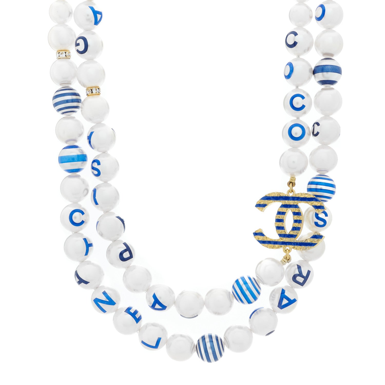 Chanel Resin Pearl Striped CC Necklace Blue Gold 1 of 5