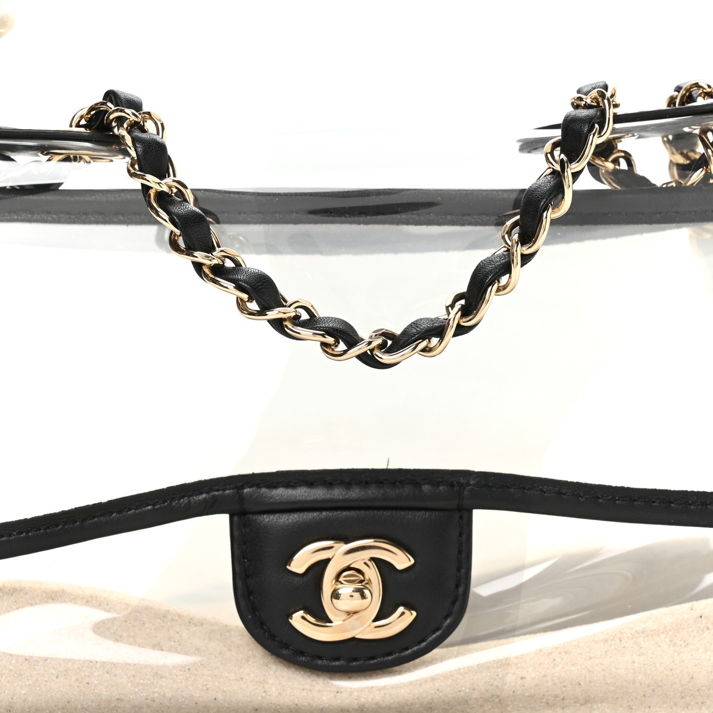 Lambskin PVC Sand By The Sea Flap With Pearl Strap Black