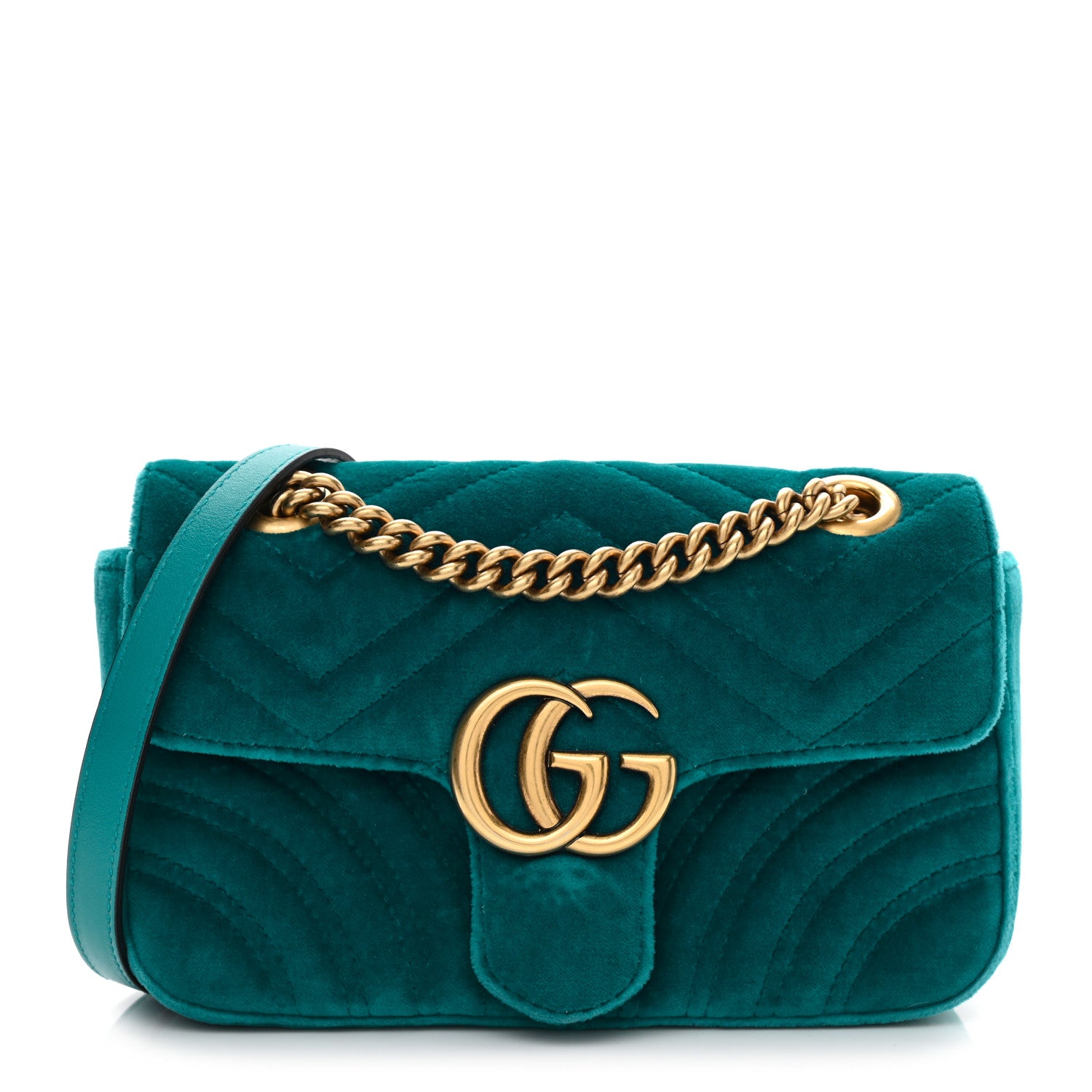 Gucci Velvet Matelasse Mini GG Marmont Shoulder Bag Pavone Cyan 1 of 11