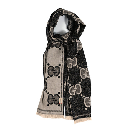 Gucci Wool Lame Jacquard Monogram Jumbo GG Lady Nest Lux Scarf Black Ivory 1 of 3