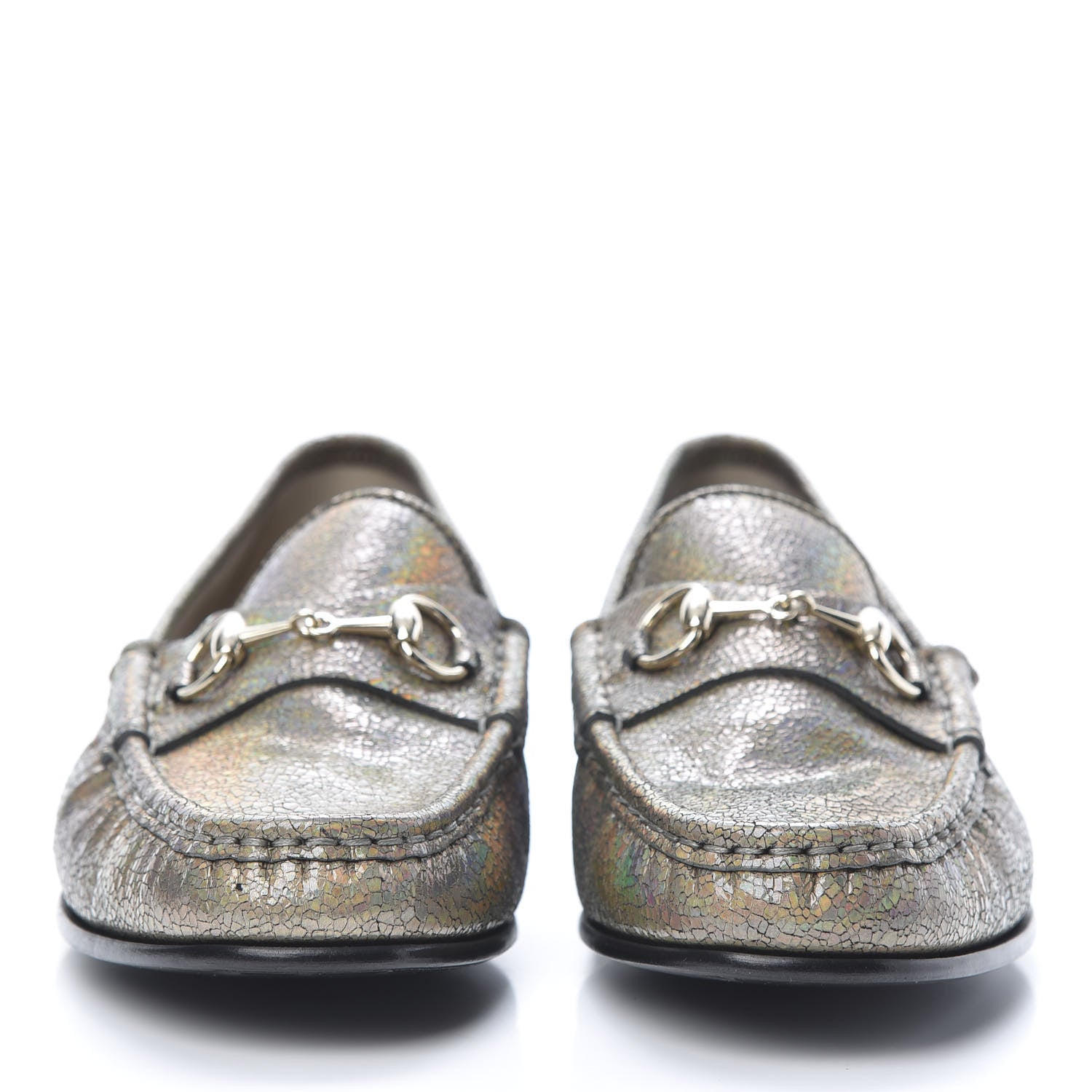 Gucci Metallic Crackled Calfskin Womens 1953 Horsebit Loafers 39 Fawn 2 of 10