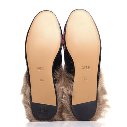 Gucci Velvet Fur Floral Womens Princetown Slippers 36 Black 6 of 10