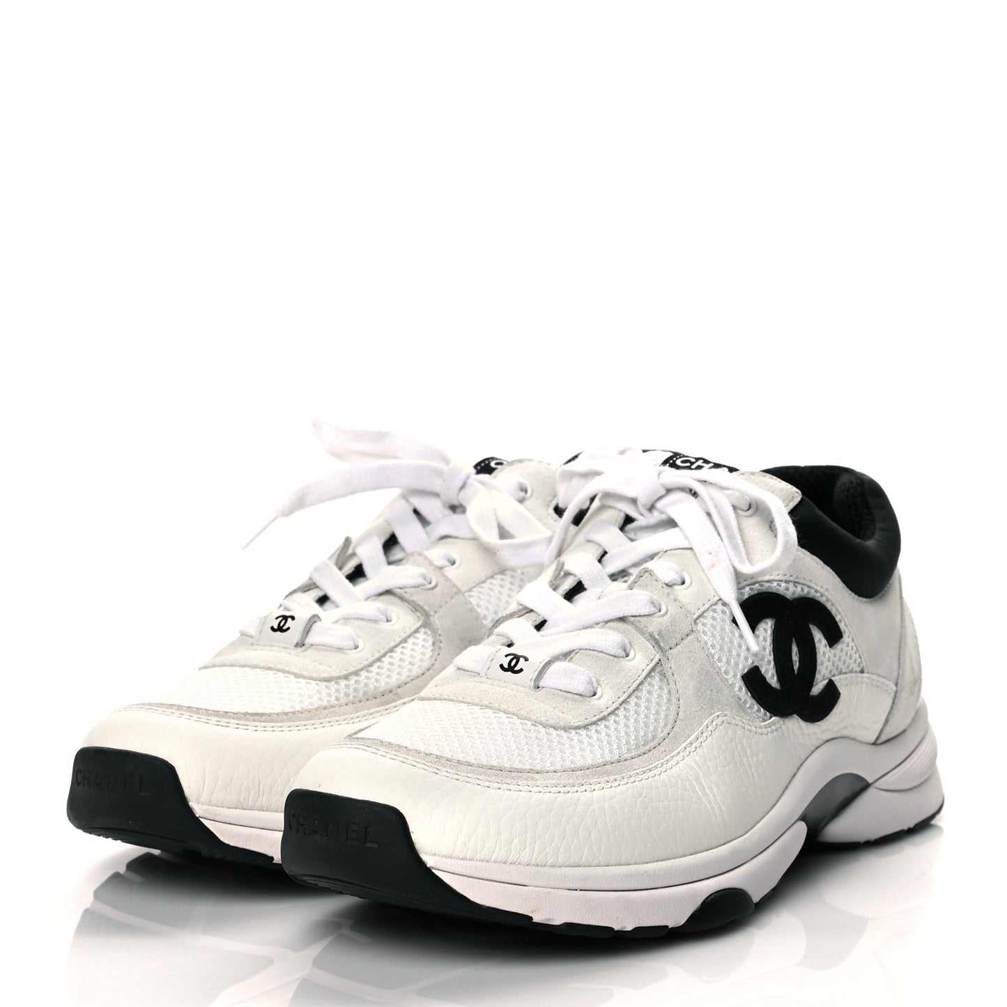 Mesh Suede Calfskin Grained Calfskin Womens CC Sneakers 41 White Black