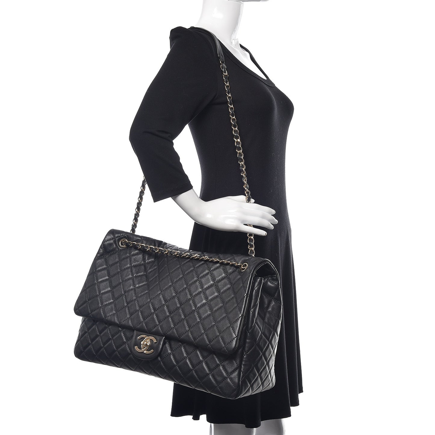 Calfskin Quilted XXL Travel Flap Bag Black