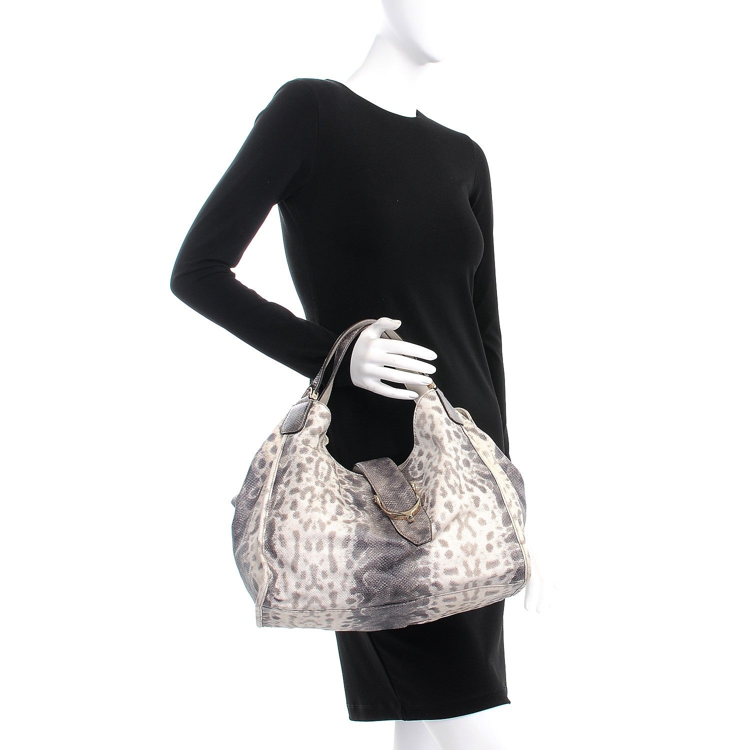 Gucci Calfskin Animalier Karung Printed Medium Soft Stirrup Shoulder Bag Gray 2 of 7