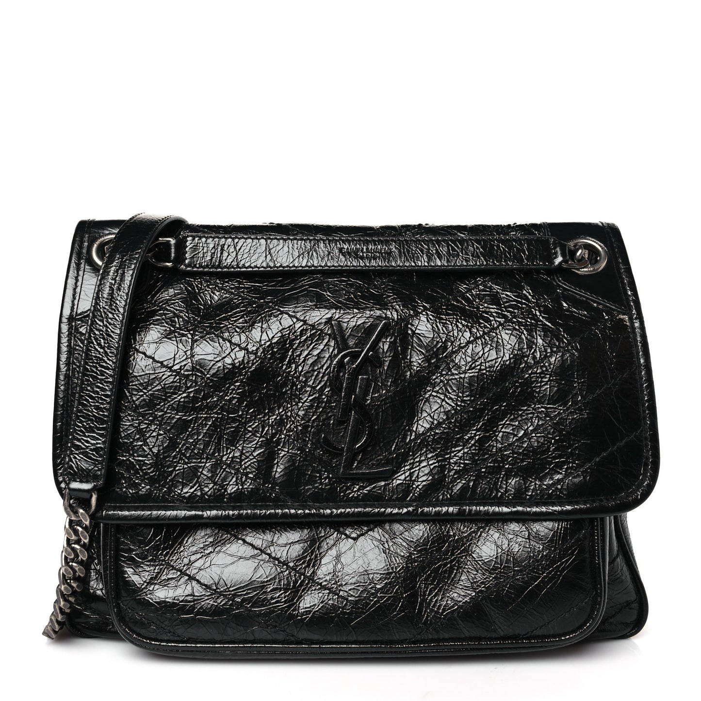 Crinkled Calfskin Matelasse Monogram Medium Niki Chain Satchel Black
