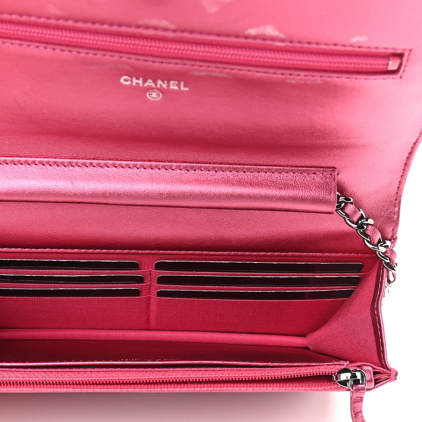 Metallic Patent Calfskin Quilted Boy Wallet On Chain WOC Fuchsia