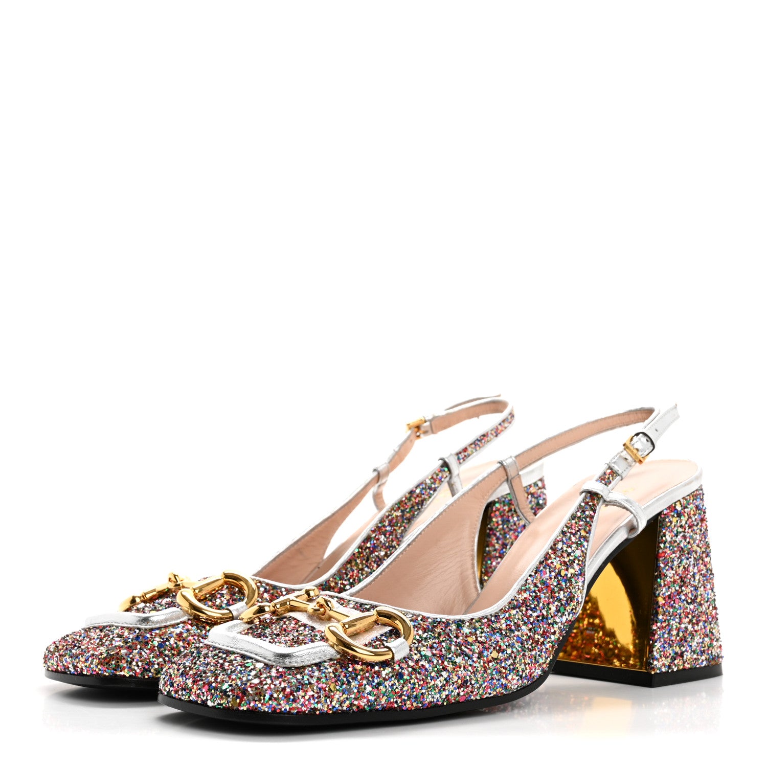 Gucci Glitter Nappa Silk Horsebit 75mm Slingback Pumps 41 Multicolor Argento 4 of 9