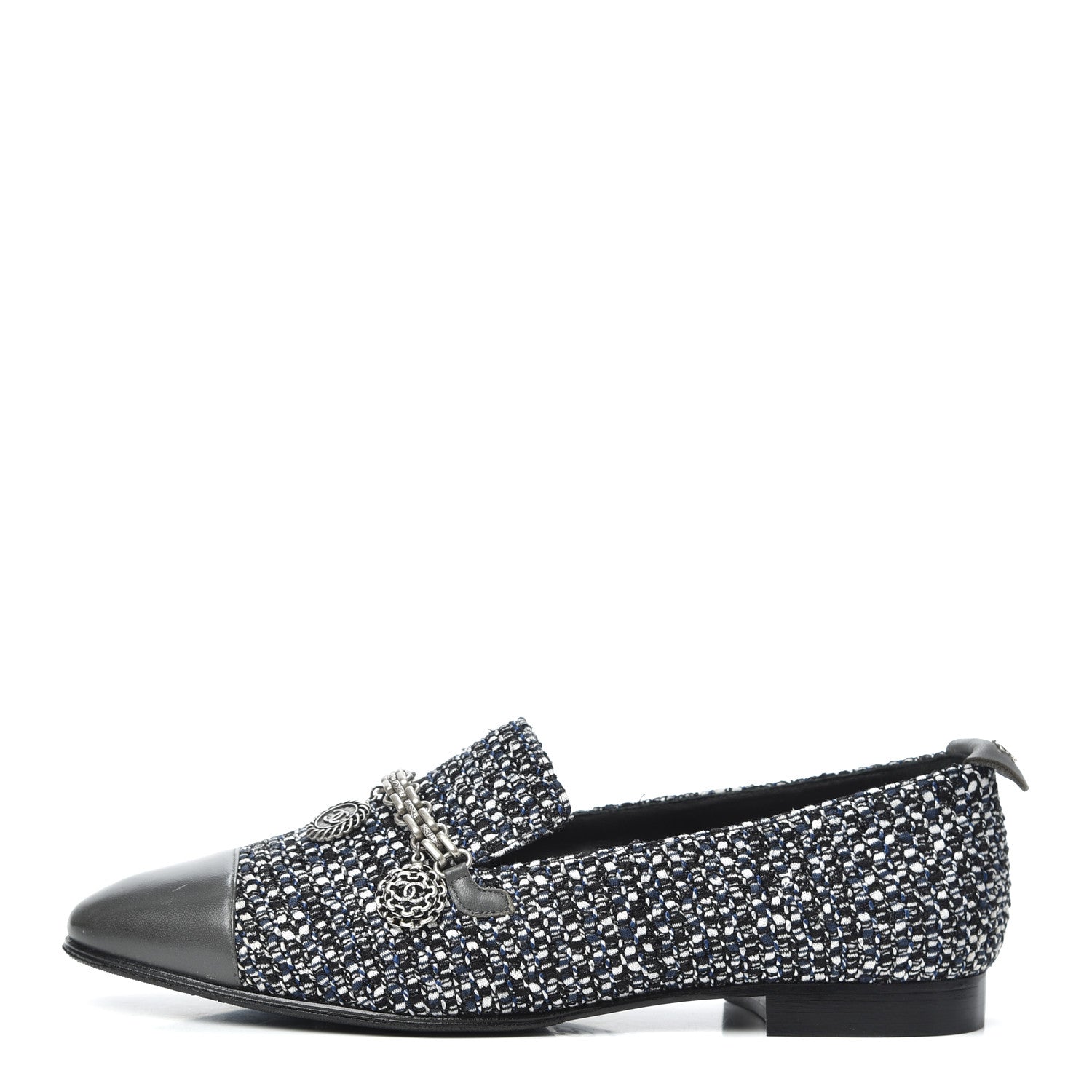 Chanel Tweed Lambskin Cap Toe Chain Moccasin Loafers 37 Dark Grey Blue White 1 of 7