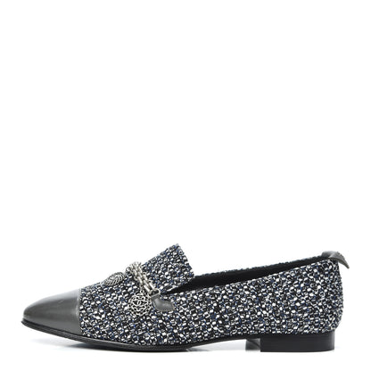Chanel Tweed Lambskin Cap Toe Chain Moccasin Loafers 37 Dark Grey Blue White 1 of 7