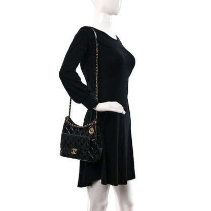 Chanel Shiny Crumpled Calfskin Quilted Wavy CC Hobo Black 2 of 9