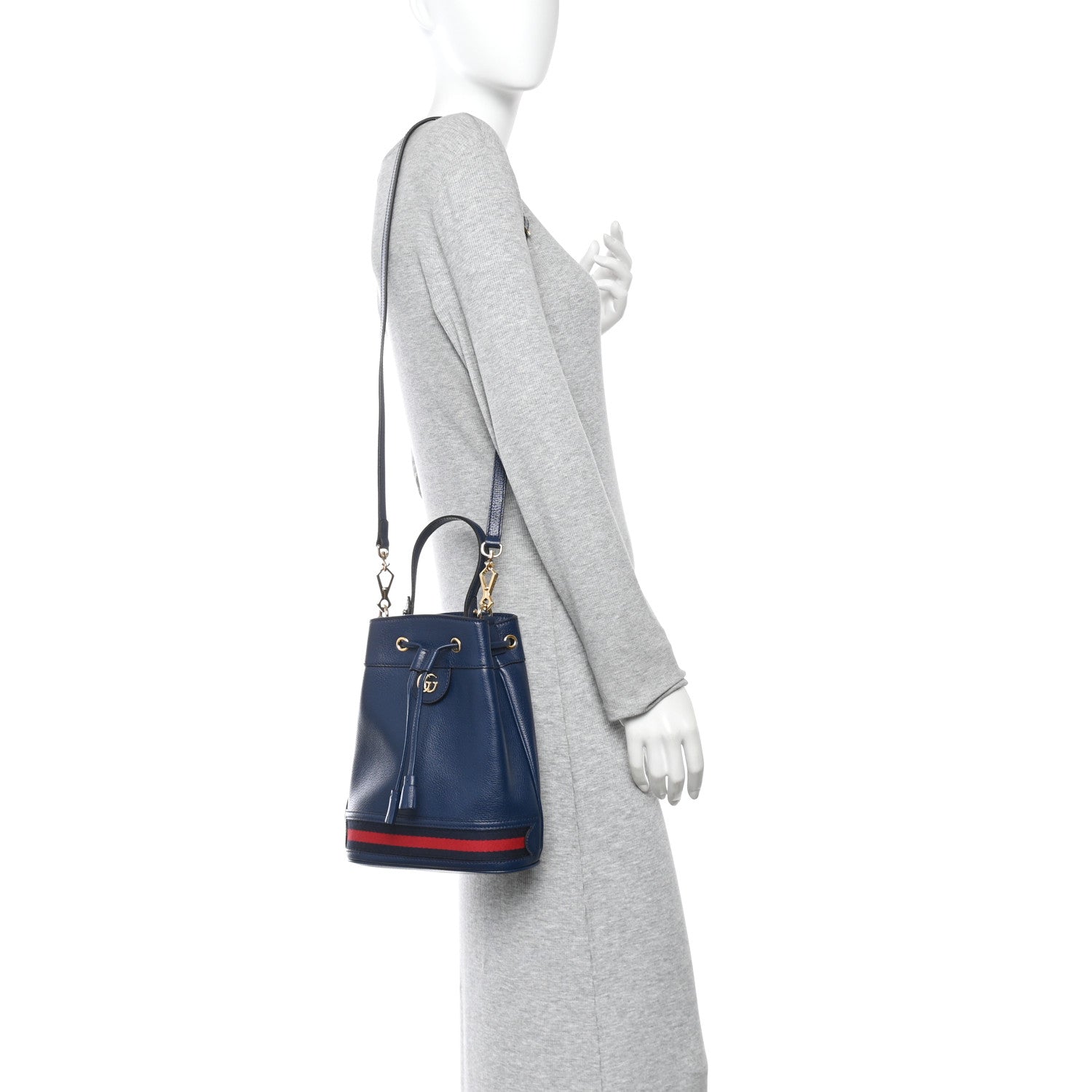 Gucci Glazed Textured Calfskin Web Small Ophidia Bucket Bag Blue Agata 2 of 10