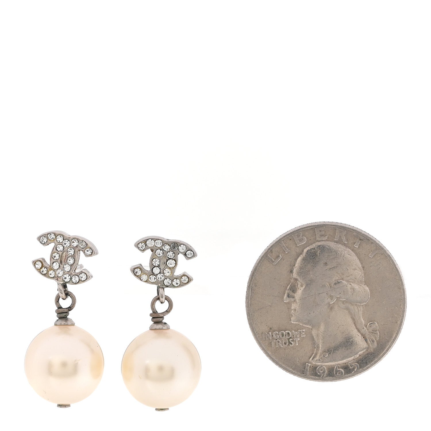 Chanel Crystal Pearl CC Drop Earrings Silver Pearly White 2 of 4