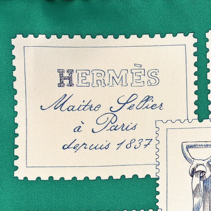Hermes Silk Le Philateliste Du Faubourg Scarf 90 Vert Anglais Craie Gris 2 of 4
