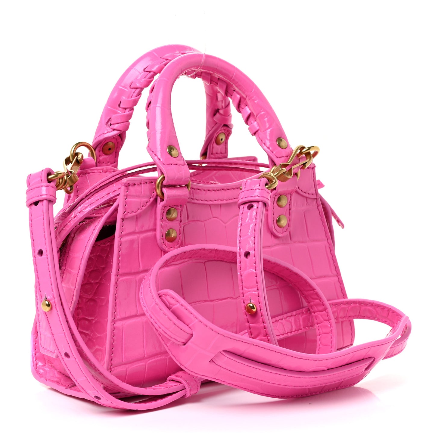 Calfskin Crocodile Embossed Neo Classic Gold Hardware Nano City Crossbody Neon Pink