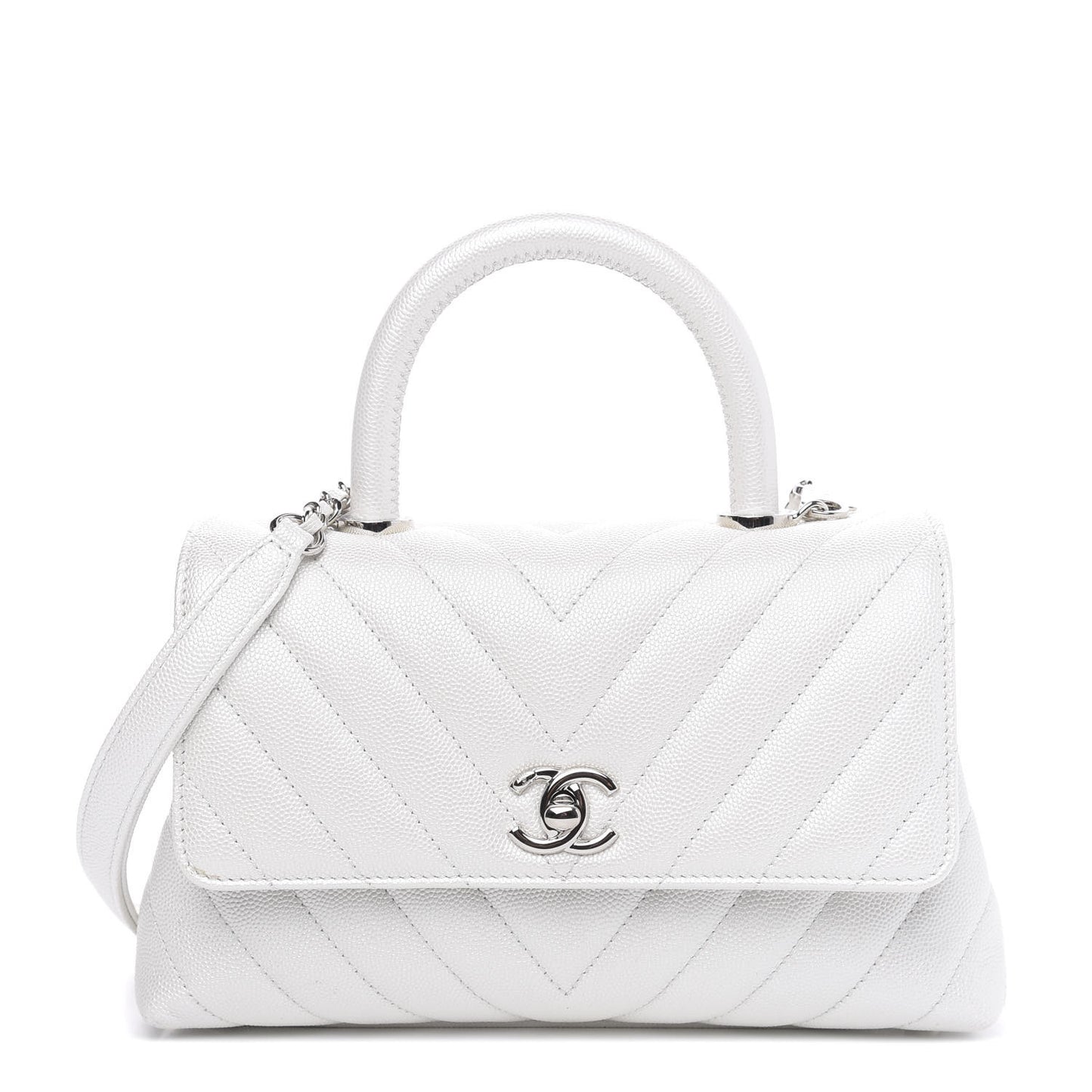Iridescent Caviar Chevron Quilted Mini Coco Handle Flap White